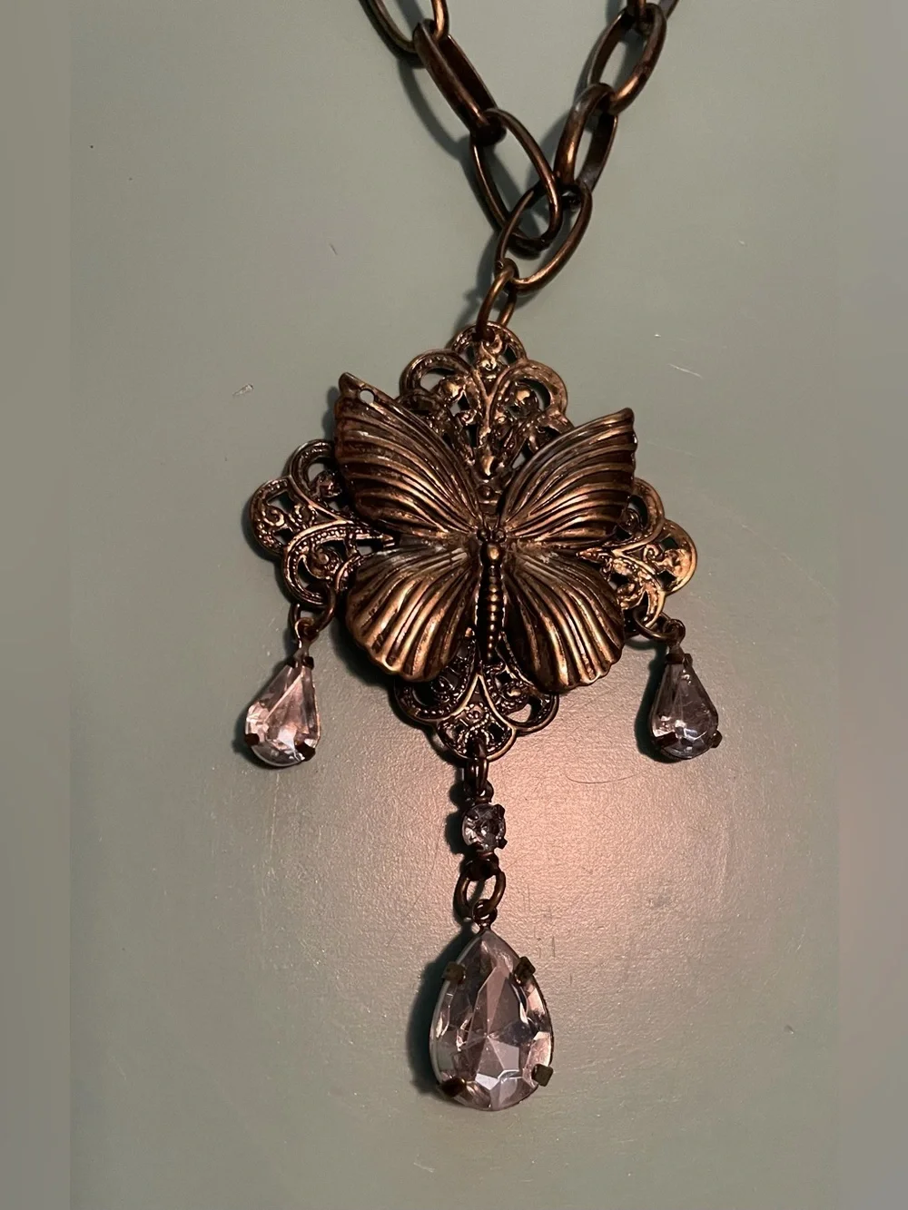 Victorian Style Bronze Butterfly Filigree Necklace & Earring Set-Crystal Accent
